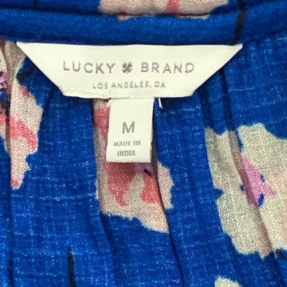 Lucky Brand Floral V-Neck/Tie-Neck Top Slit Shoulder Sz M Blue Pink 52G - Picture 10 of 12